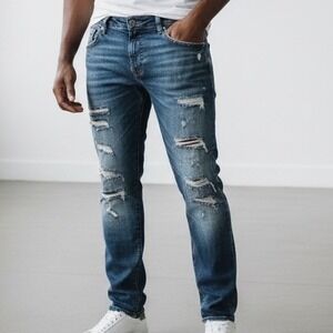 Decibel Mens Distressed‎ Slim Tapered Jeans 40W 33L Ripped whiskers grunge edgy